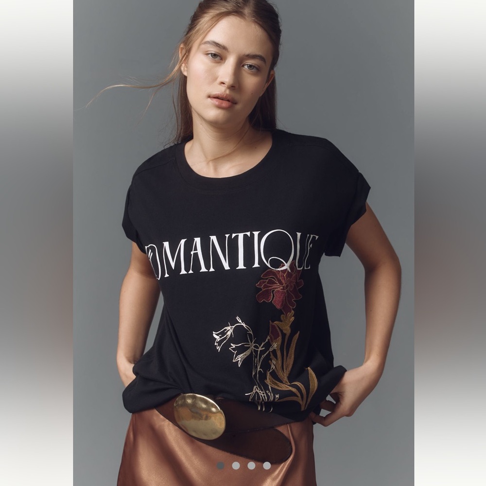 By Anthropologie Romantique Embroidered Boyfriend Oversized Graphic Tee XS
